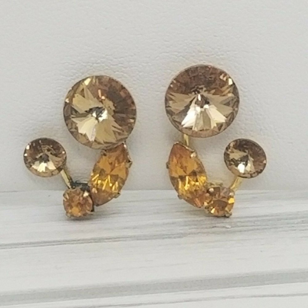 Vintage Made in Austria Clip On Earrings Gold ToneOrange Sparkle Rhinestone O17